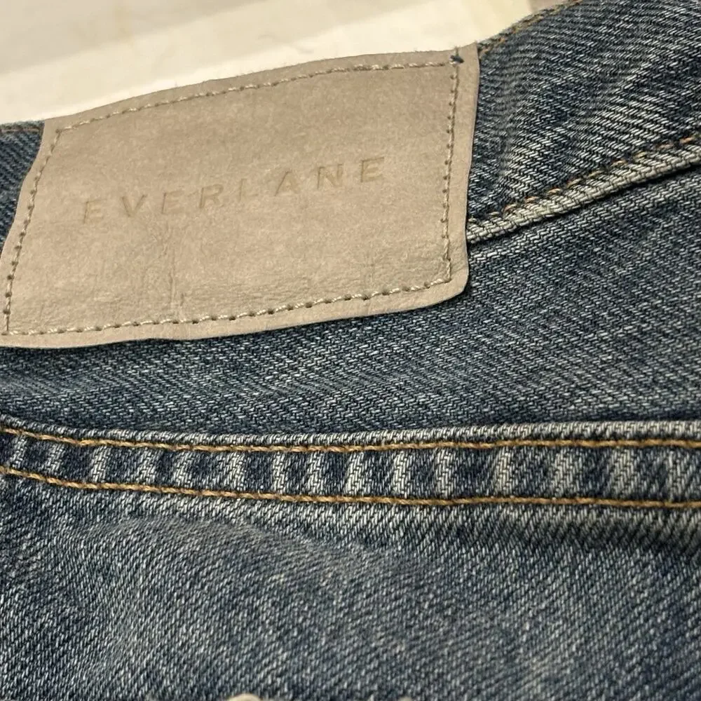 Everlane Relaxed Fit High Rise Button Fly Blue Frayed Hem Denim Shorts Size 27